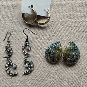 Lot Of 3 Gold and Silver Hoop Earrings Set 2 Are Post Style Crescent Moon